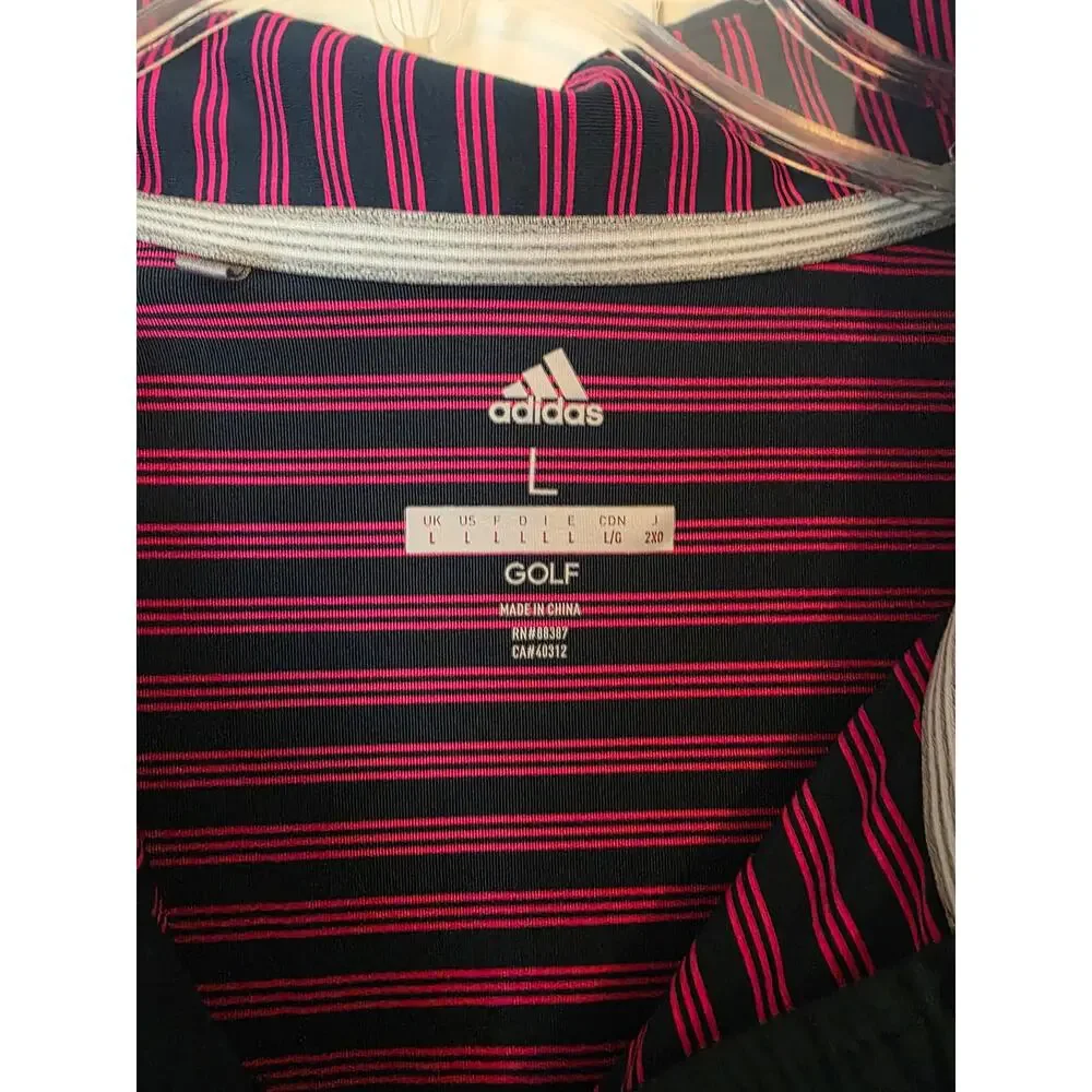 Adidas Golf Men's Pink Blue Striped Performance Polo Shirt size L EUC